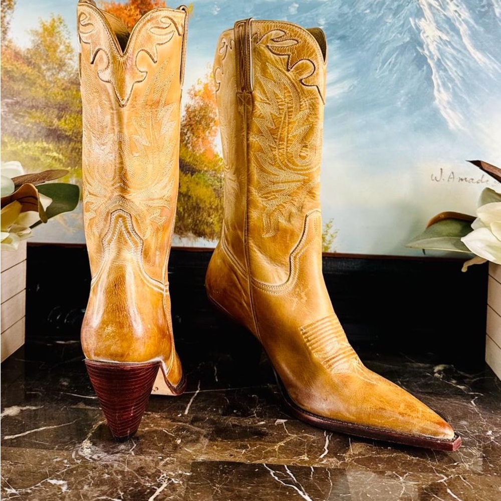 💋 Lucchese Vintage Style Charlie 1 Horse 9.5. Tan Western Cowboy Heel Boots… - Picture 9 of 12